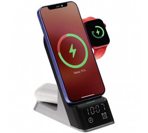 Зарядная станция c часами E-Store для смартфона, часов и наушников, черная
